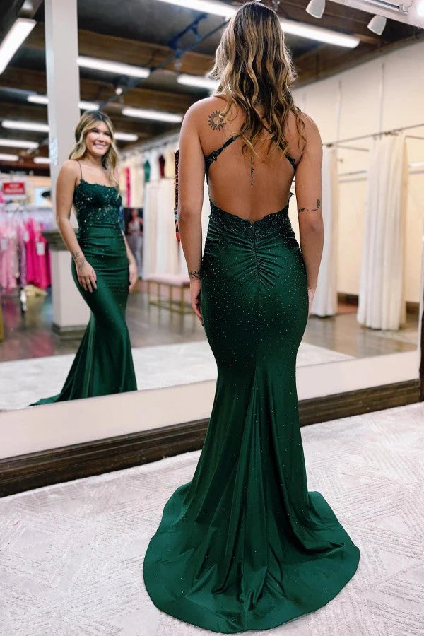 Weitese Dress Emerald Green Party Dress Spaghetti Straps Mermaid Sleeveless Prom Dress